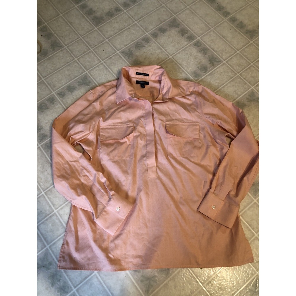 Lands' End Sz 16 Peach Solid Partial Button No Iron Cotton Button Down Long Slv